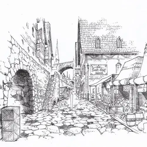 线稿古风场景绘画参考素材手绘日漫黑白角色设计素材