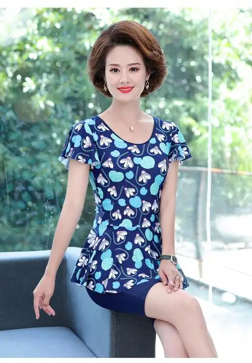 佑游泳衣女妈妈款中老年人连体保守遮肚显瘦游泳衣温