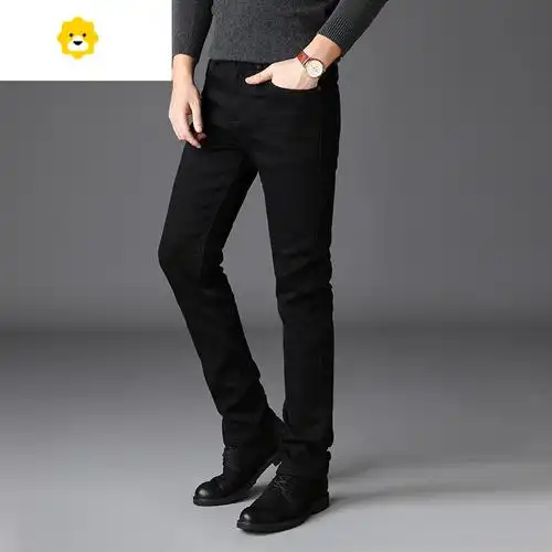 fishbasket纯黑色牛仔裤男季厚款超高弹力直筒裤休闲男士长裤子青年季