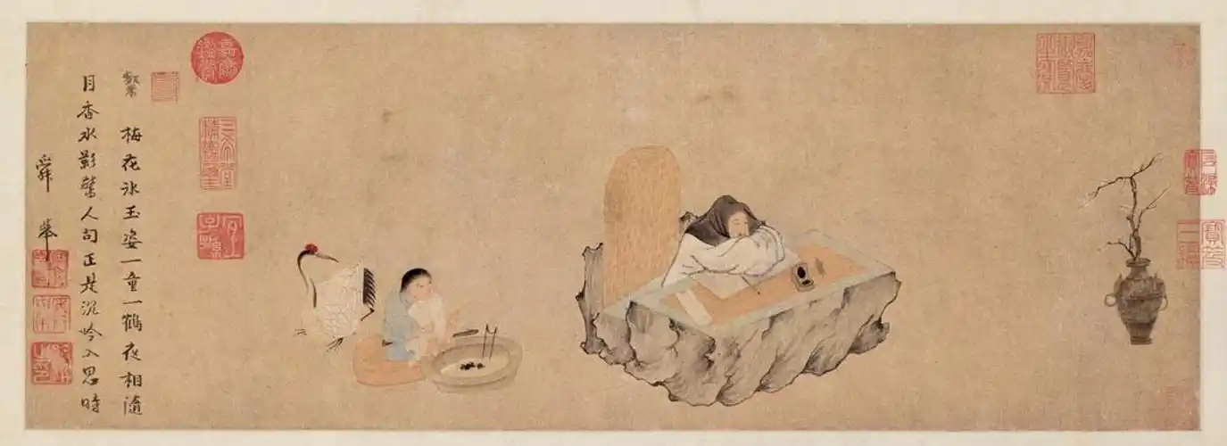 1/ 6钱选《西湖吟趣图》,描绘北宋诗人林和靖隐居于杭州西湖孤山,以"