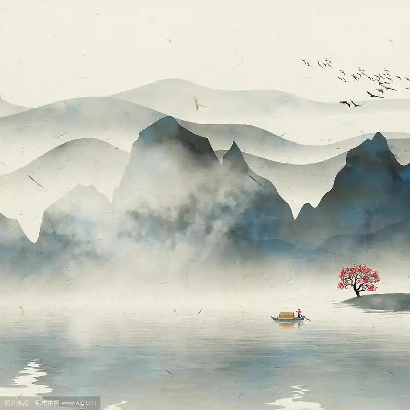 手绘中国风意境水墨山水风景画