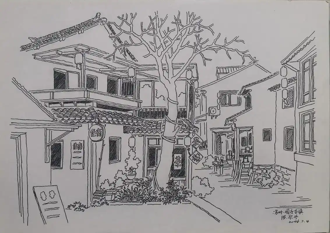 苏州.周庄古镇#黑白线描画 #跟着汤向学画画#江南水乡美如画 - 抖音