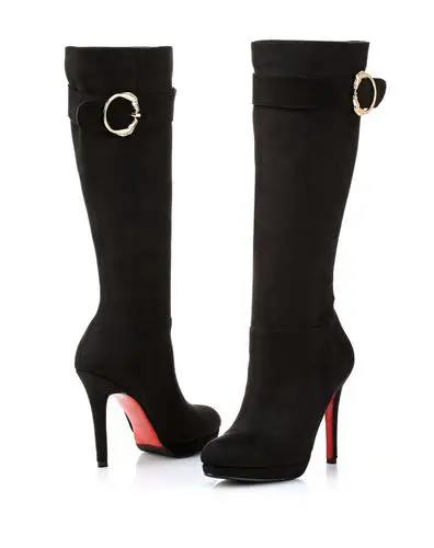 黑色皮带扣装饰细跟尖头加绒长靴