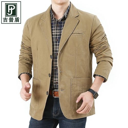 秋季中年男士小西装外套水洗棉时尚男装 卡其色 m-170cm/120斤左右