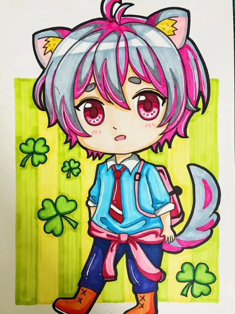 背书包的小男孩 马克笔手绘 q版动漫人物 小狐狸02,去上学94, 笔