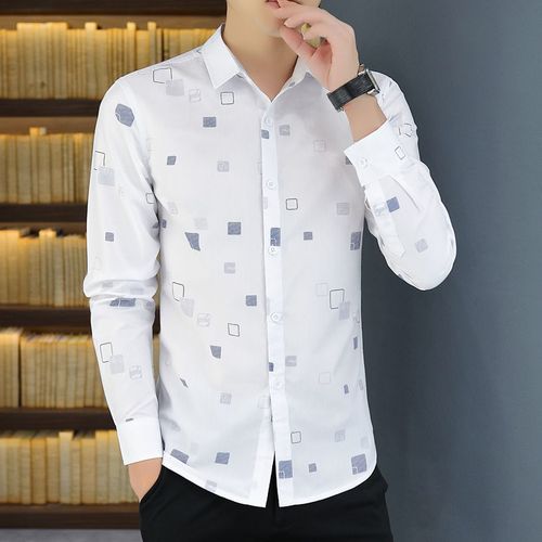 白衬衫男士长袖春秋季韩版潮流帅气印花衬衣青年男装免烫抗皱寸衣