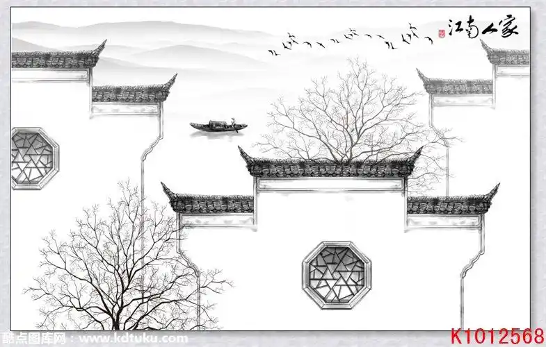 k1012568-江南人家新中式马头墙小船水墨背景墙壁画