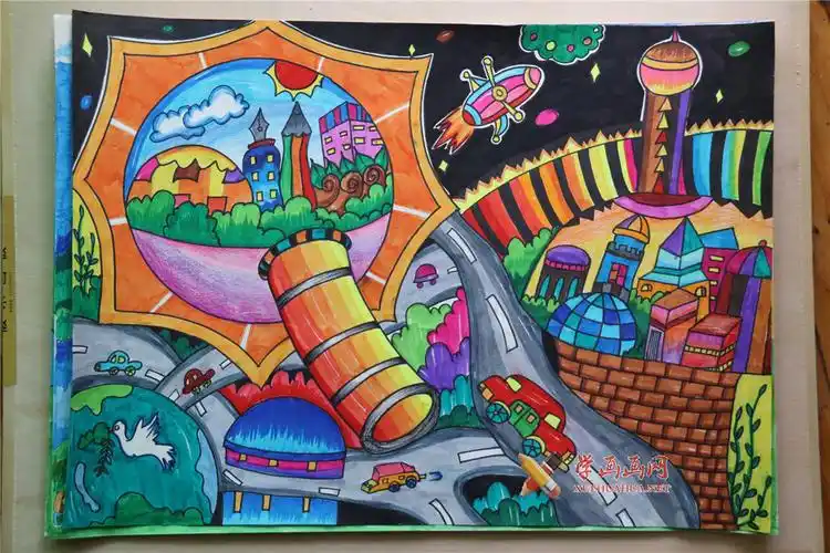 三等奖中学生科幻画作品《移民太空》