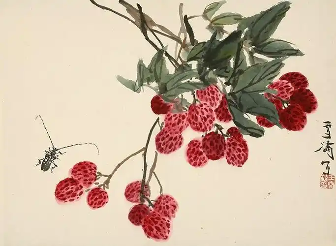 王雪涛荔枝天牛30x40cm国画花鸟小品横幅宣纸微喷国画