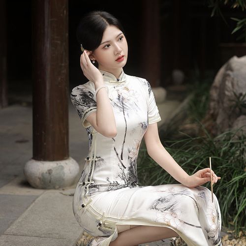 水墨古典气质优雅侧八长款旗袍复古国潮老上海贵妇太太性感连衣裙