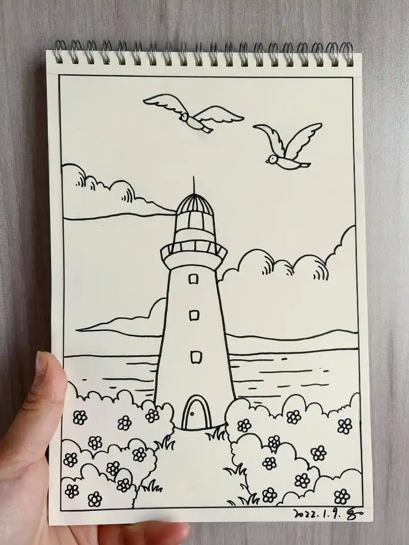 灯塔场景简笔画画法-原创114