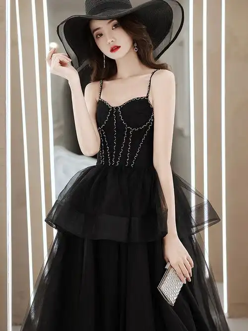 晚礼服裙女宴会质感黑色轻奢吊带小众拖尾合唱演出服夏季-阿里巴巴