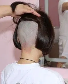 漆黑长发美女剃高脚后空bob发型-芳飞1362