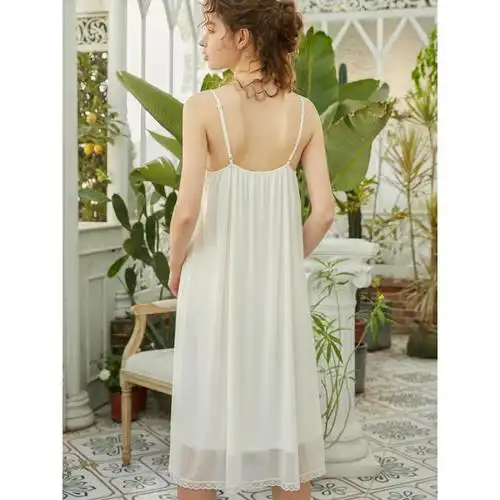 suntek吊带睡裙女夏性感宫廷复古蕾丝网纱v领莫代尔少女白色女士睡衣