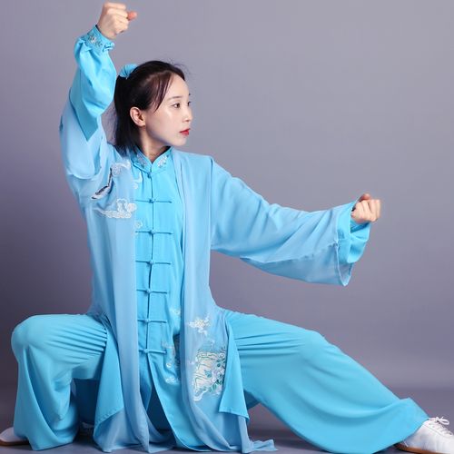 新款太极服刺绣山水鹤高档表演服中长款长拳练功比赛服气功服飘逸