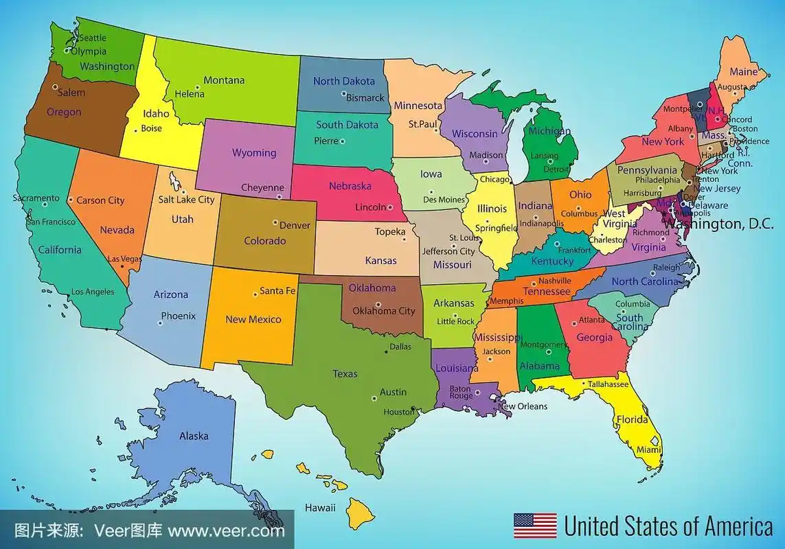 美国地图与联邦州所有的州