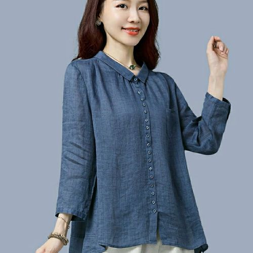 亚麻衬衫女装2021年秋季新款高端宽松大码九分袖棉麻上衣苎麻衬衣