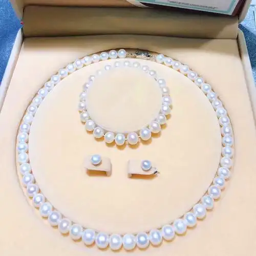 盛爵珠宝白色经典天然淡水珍珠近正圆项链三件套送妈妈女王节礼物78mm