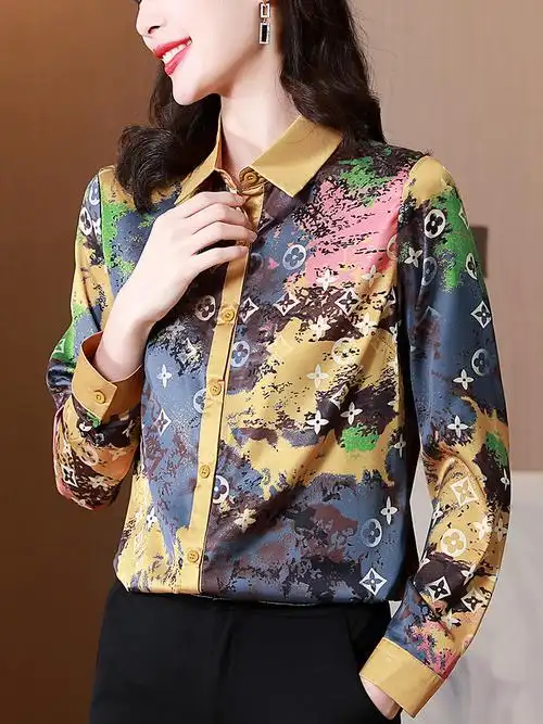 高档小衫真丝衬衫女春秋新款百搭长袖打底衬衣桑蚕丝印花洋气上衣