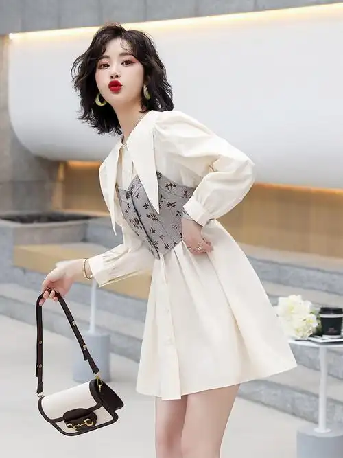 女装春季2021新款裙子收腰显瘦气质修身春秋长袖两件套衬衫连衣裙