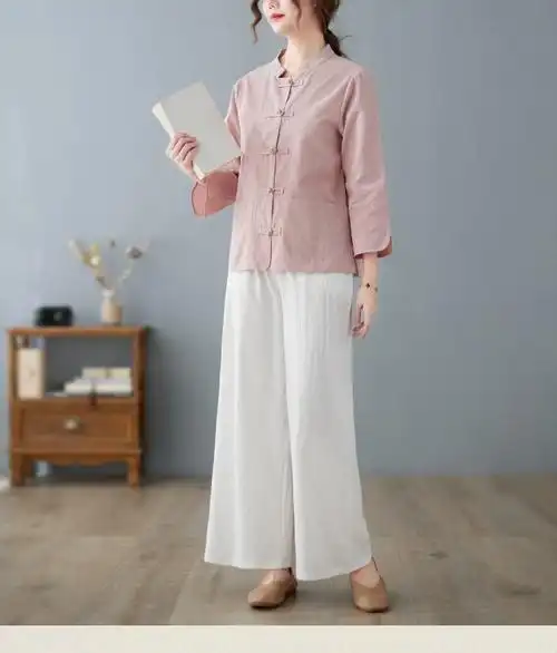 中国风女装棉麻复古上衣套装春秋季盘扣文艺中式唐装茶服餐厅工作服