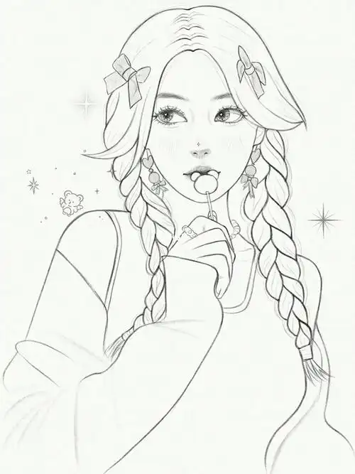 麻花辫女孩少女线稿