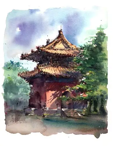 水彩,明代古建筑