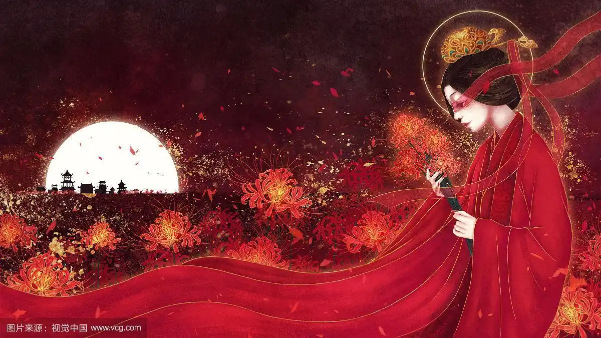 夜晚彼岸花从中穿红衣的女人