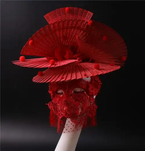 蒙面唱将面具大红色美女生舞台蒙面歌王演出歌手假面年会成人面纱