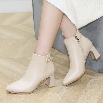 粗跟高跟鞋马丁靴女士皮鞋皮靴薄款踝靴瘦瘦靴时装靴百搭女靴子魅略