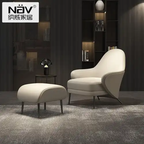 纳威意式轻奢单人沙发现代简约休闲椅北欧极简客厅真皮沙发脚踏凳