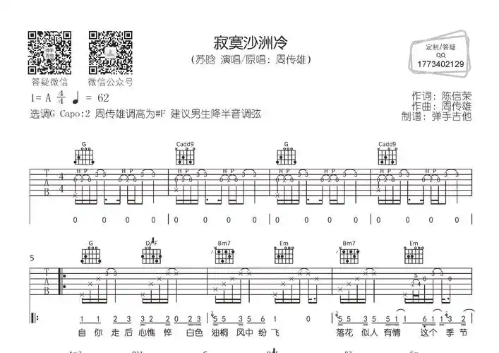 寂寞沙洲冷(弹手吉他编配)吉他谱(图片谱,弹唱,原版,弹手吉他)_苏晗