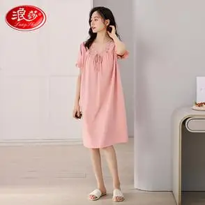 纯棉宽松薄款中长裙女士睡衣夏天简约带胸垫家居服浪莎睡裙女夏季