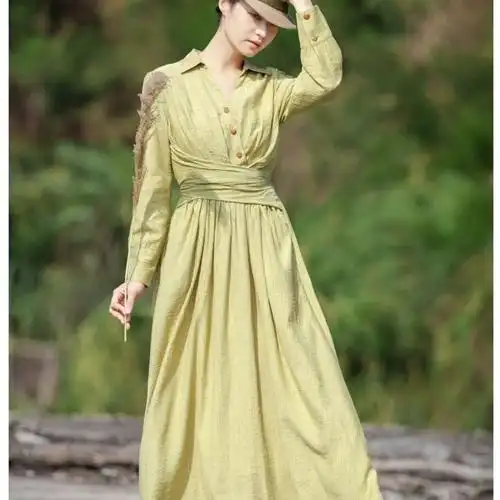 素订女装2021新款春季文艺v领a字棉麻风原创系带收腰长连衣裙