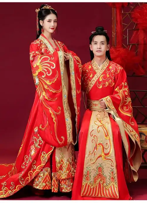汉服结婚礼服情侣拖尾秀禾服女古代婚纱嫁衣凤冠霞帔婚服套装新娘古装
