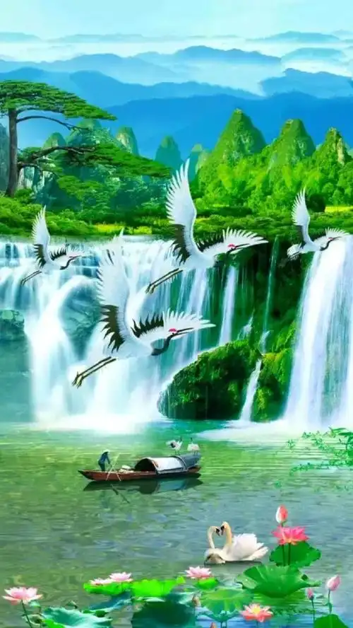 绝美人间仙境:荷花,仙鹤,瀑布!给您带去如意富贵,健康长寿!