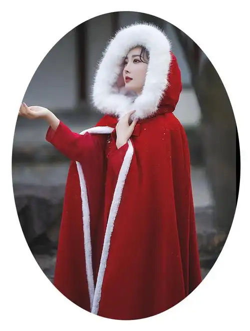 长款毛领加绒加厚披风古装古风披肩冬季加棉zry 酒红色亮片斗篷--薄款