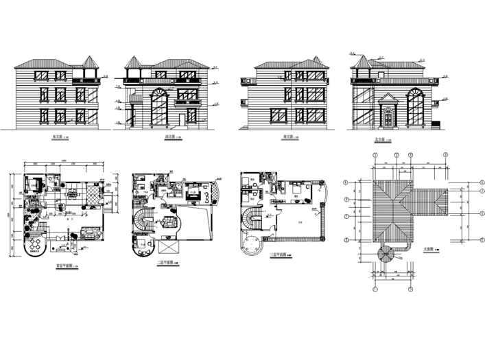 古典三层坡屋顶自建房屋详细建筑设计图