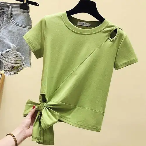 网红打结上衣露脐短款小众设计夏装短袖新款t恤