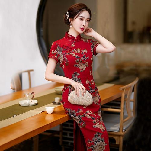 古法改良版旗袍长款到脚踝夏季2022年新款年轻款富贵牡丹红色国潮
