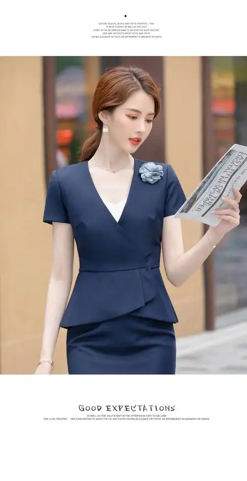 罗蒙romon职业装女装套裙夏季短袖v领修身韩版气质时尚珠宝店美容师