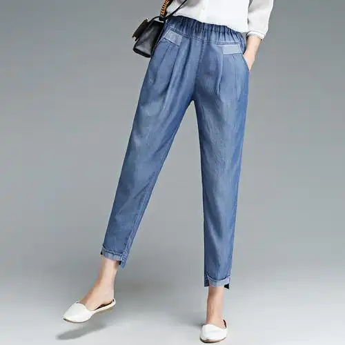 天丝哈伦裤女九分夏季新款宽松泫雅大码萝卜裤冰丝卷边小脚牛仔裤