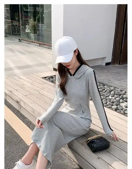 修身连帽卫衣裙气质收腰连衣裙2023新款显瘦包臀裙春秋女装中长款