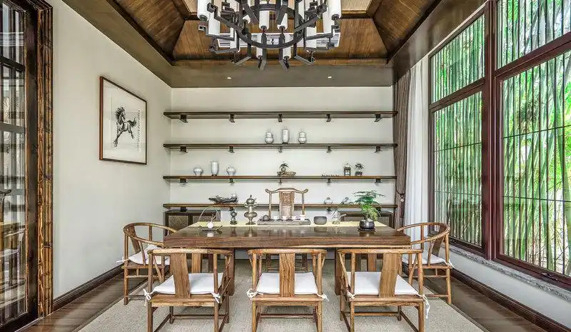 30平米古朴禅意风格私人茶室装修效果图 禅意轻中式古风阳台茶舍设计