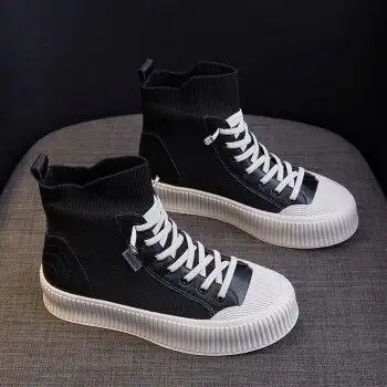 鞋女新款春秋透气板鞋潮厚底内增高运动休闲高帮鞋女鞋子黑色x86535