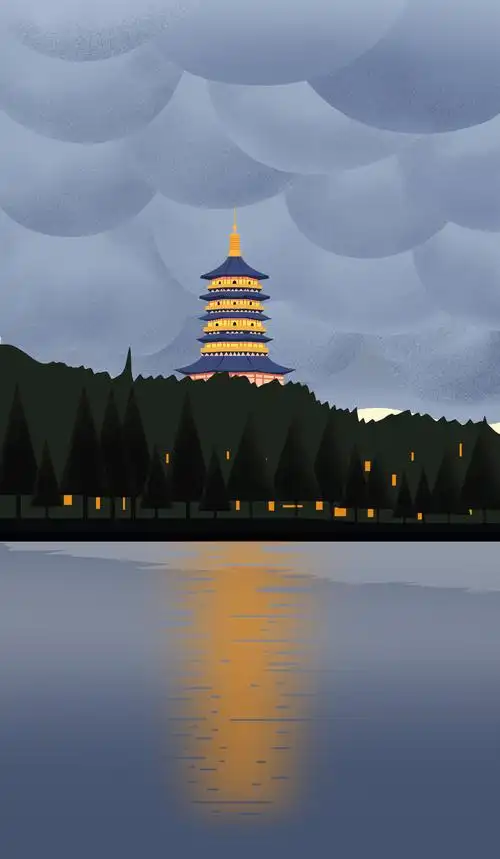 扁平风夜景浙江杭州西湖美景傍晚旅游城市雷峰塔背景地标插画