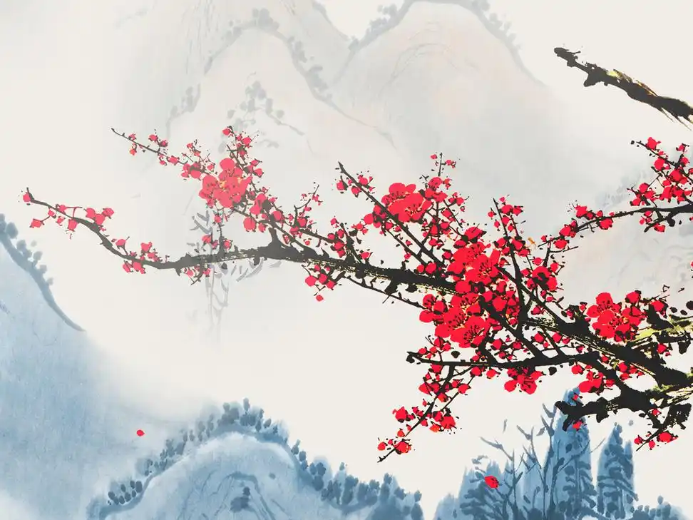 中式梅花山水水墨画玄关过道背景墙