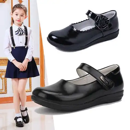 女童黑皮皮鞋2021春秋新款真皮圆头学院公主皮鞋