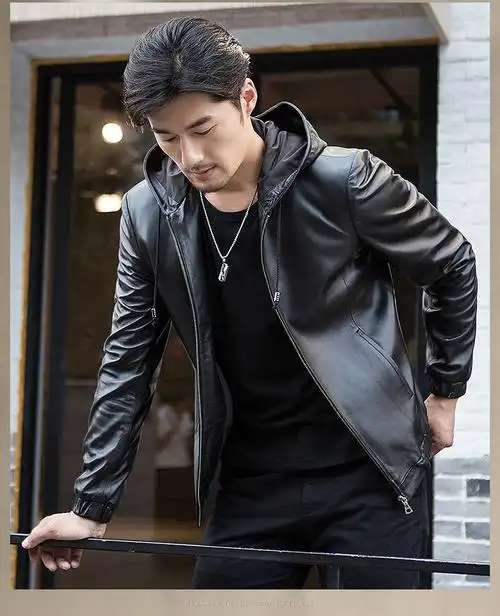 比菲力海宁连帽真皮皮衣男春季保暖防风短款男士头层绵羊皮皮夹克