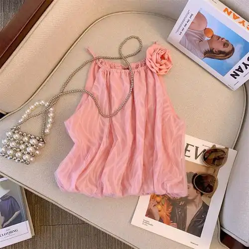 多巴胺粉色山茶花朵吊带背心女夏季感抹胸挂脖雪纺衫无袖上衣